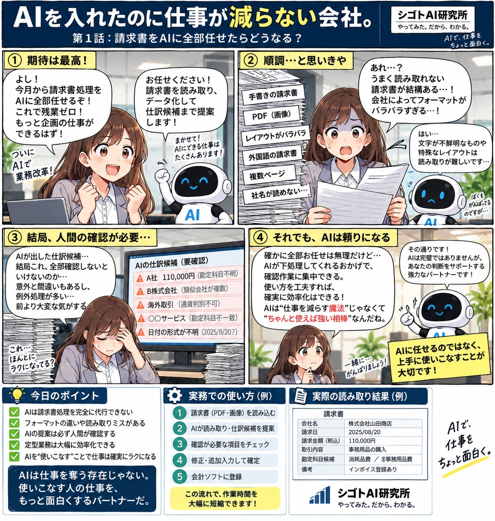 【無料】AIを入れたのに仕事が減らない会社。第1話｜請求書をAIに全部任せたらどうなる？