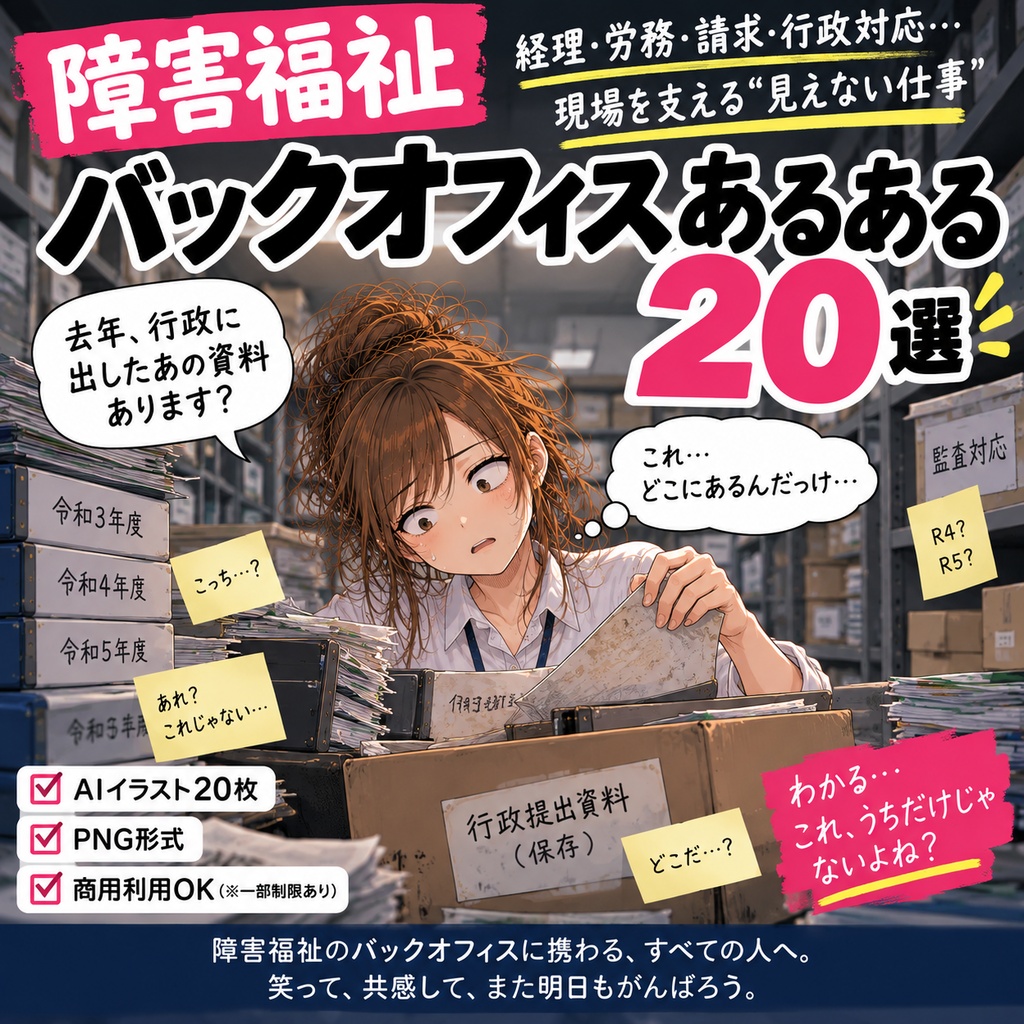 障害福祉バックオフィス担当にしか伝わらない「あるある」20選｜AIイラスト