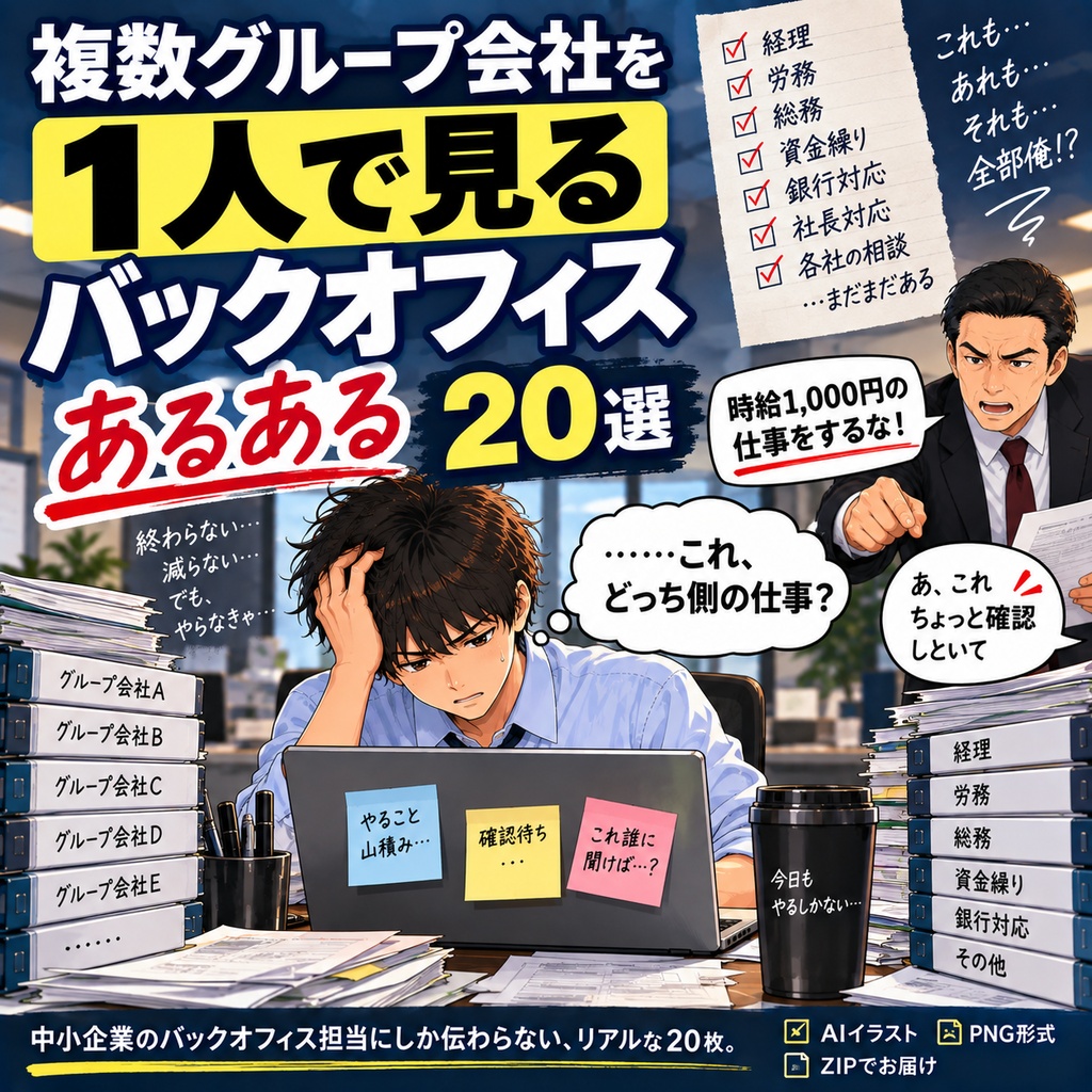 複数グループ会社を1人で見るバックオフィス担当「あるある」20選|AIイラスト