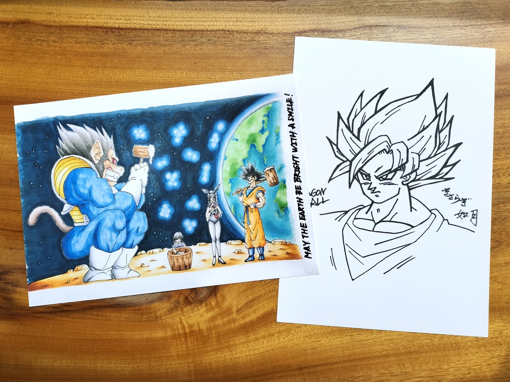 両面 A4ポスター/月うさぎ・サイヤ人・年賀状もどき×サイン描き・超サイヤ人悟空 塗り絵