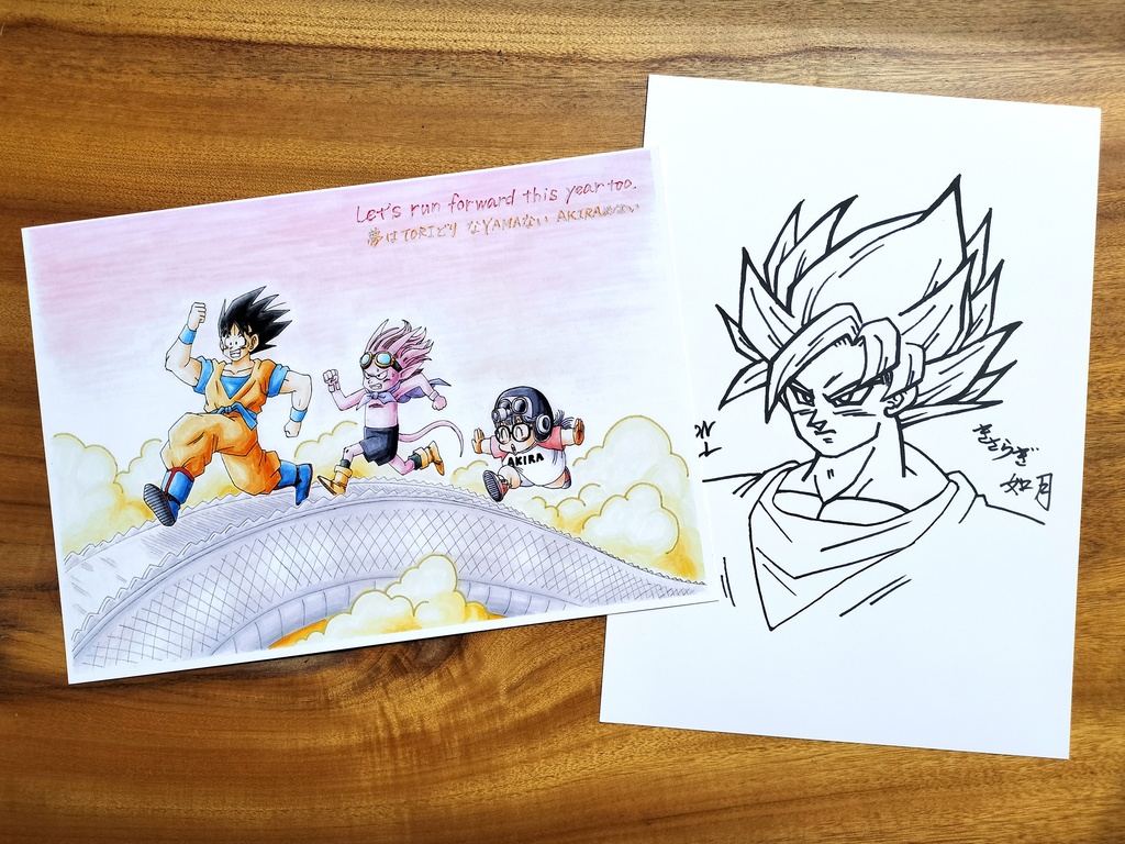 両面 A4ポスター/悟空&ベルゼブブ アラレ・年賀状もどき×サイン描き・超サイヤ人悟空 塗り絵