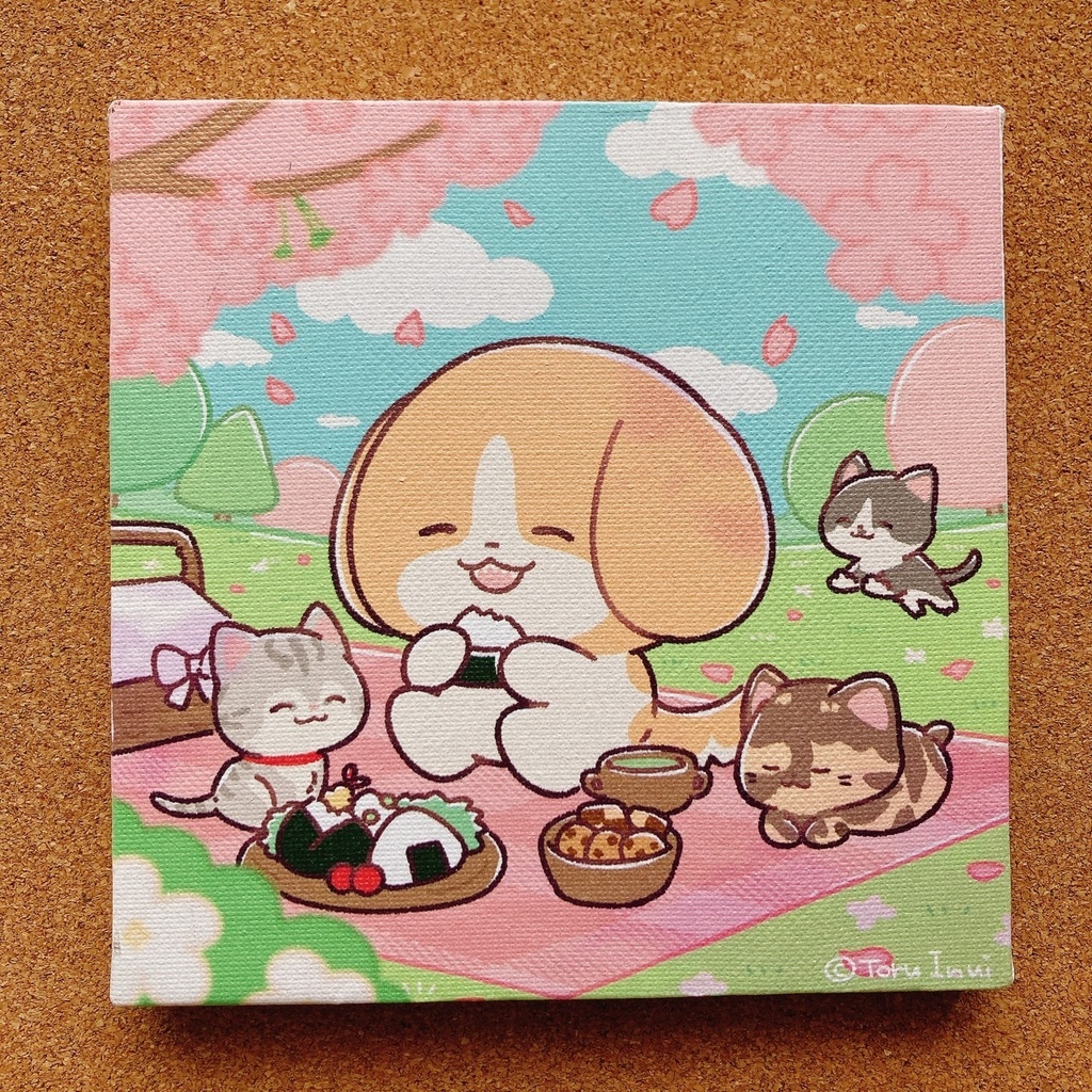 【アートキャンバス】犬のきなこ（みんなでお花見）