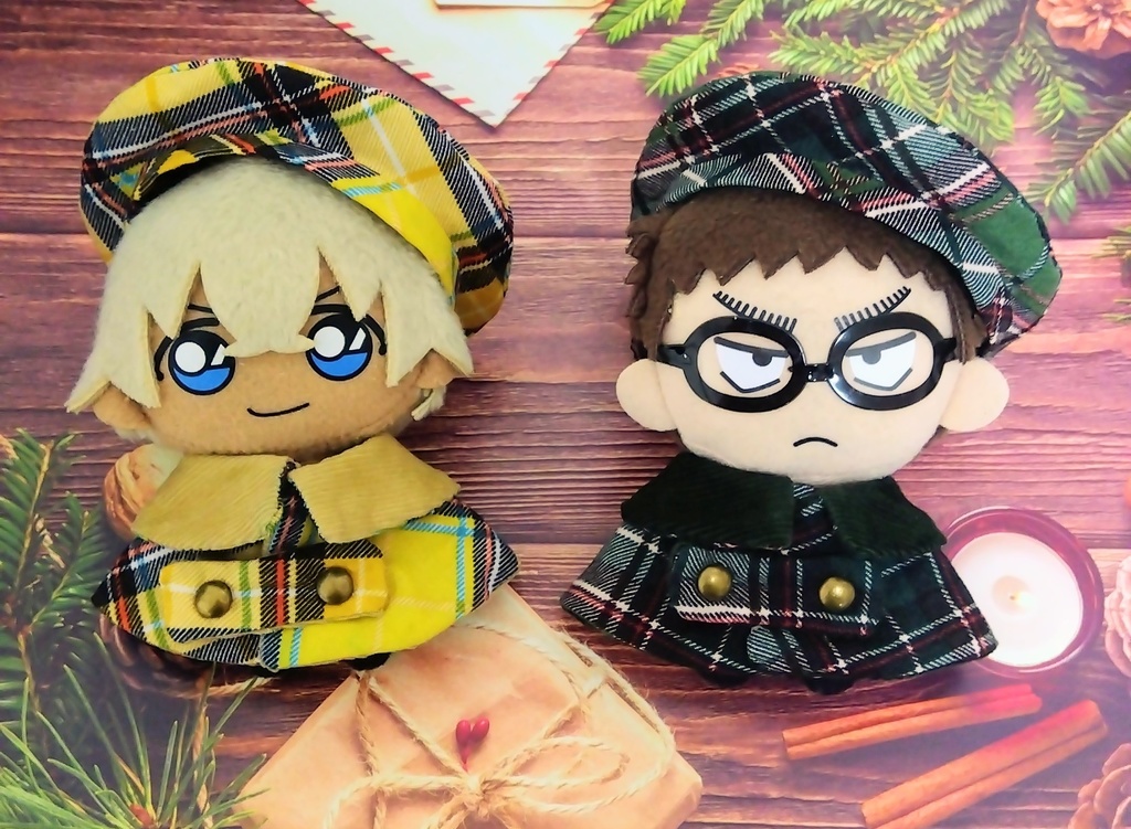 タータンチェックのマントと帽子(セット)/10センチぬい用