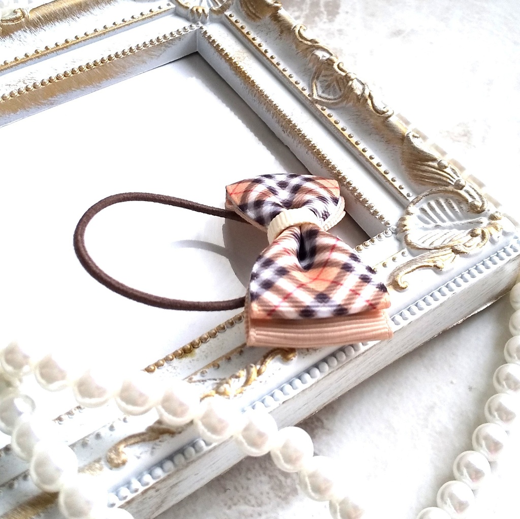 ベージュチェック柄リボン【もちマス・ねんどろいど・ぬい 小物】