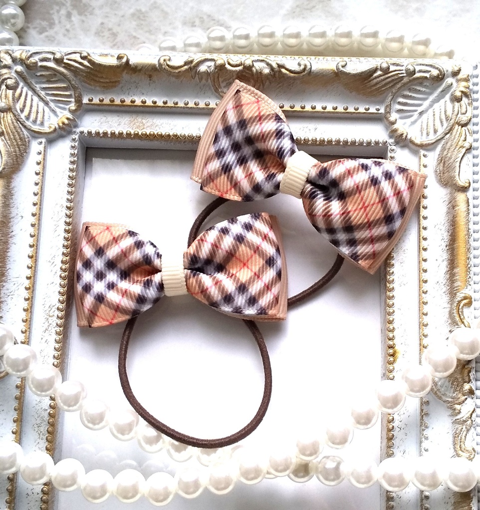 ベージュチェック柄リボン【もちマス・ねんどろいど・ぬい 小物】
