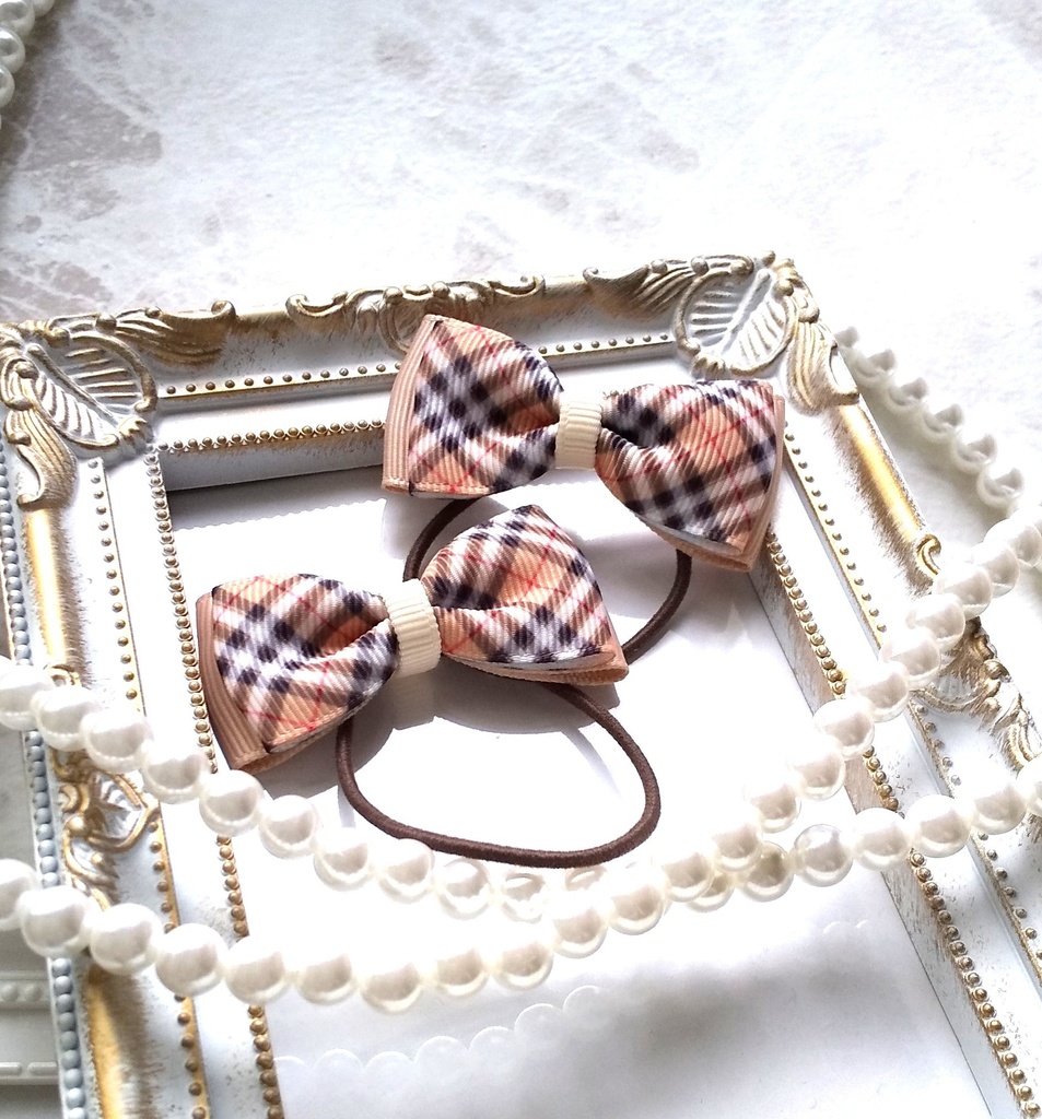 ベージュチェック柄リボン【もちマス・ねんどろいど・ぬい 小物】