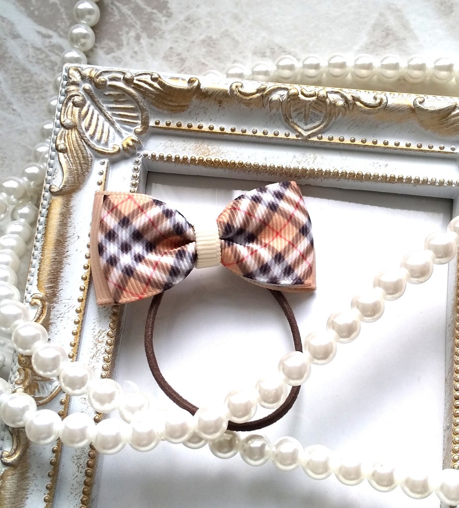 ベージュチェック柄リボン【もちマス・ねんどろいど・ぬい 小物】