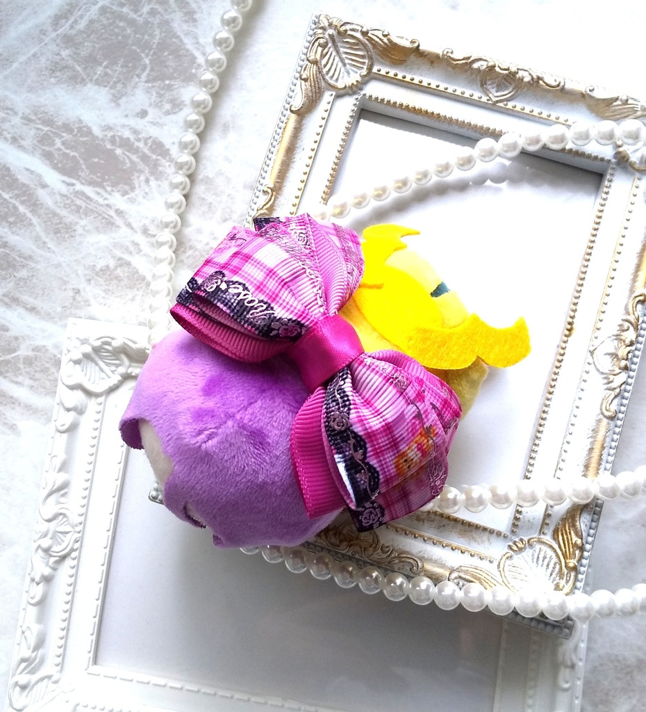 ラメ猫柄のピンクリボン【もちマス・ねんどろいど・ぬい 小物】