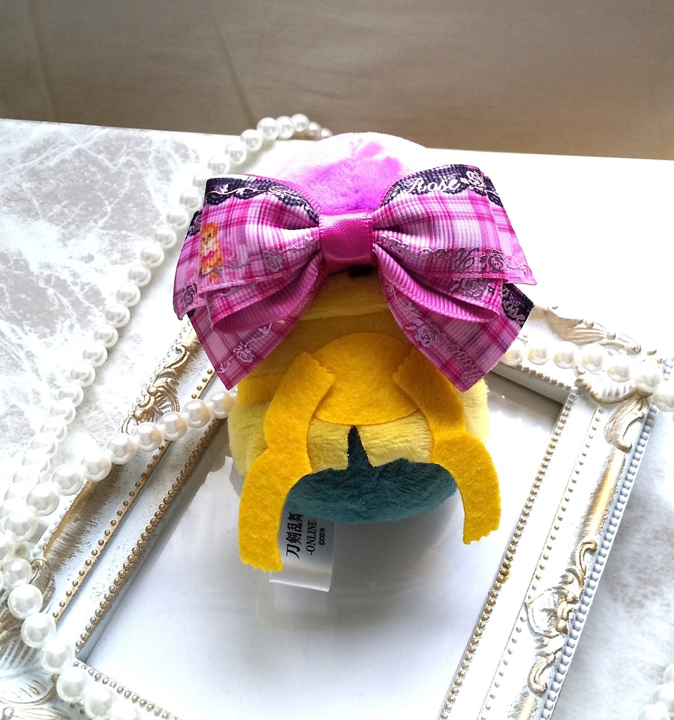 ラメ猫柄のピンクリボン【もちマス・ねんどろいど・ぬい 小物】