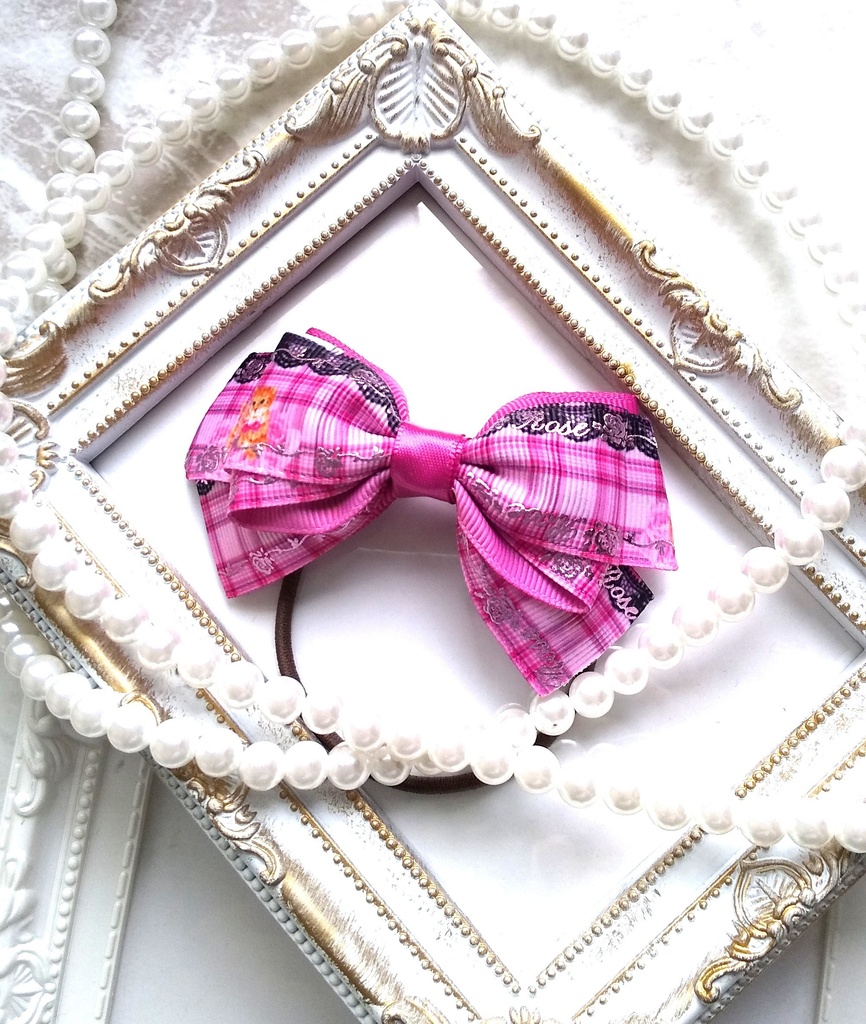 ラメ猫柄のピンクリボン【もちマス・ねんどろいど・ぬい 小物】