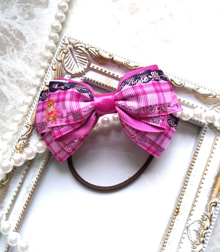 ラメ猫柄のピンクリボン【もちマス・ねんどろいど・ぬい 小物】