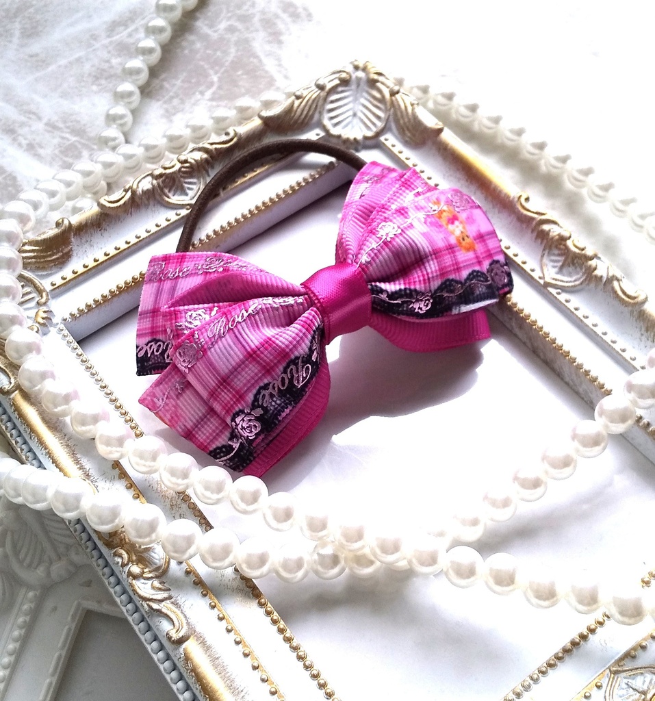 ラメ猫柄のピンクリボン【もちマス・ねんどろいど・ぬい 小物】