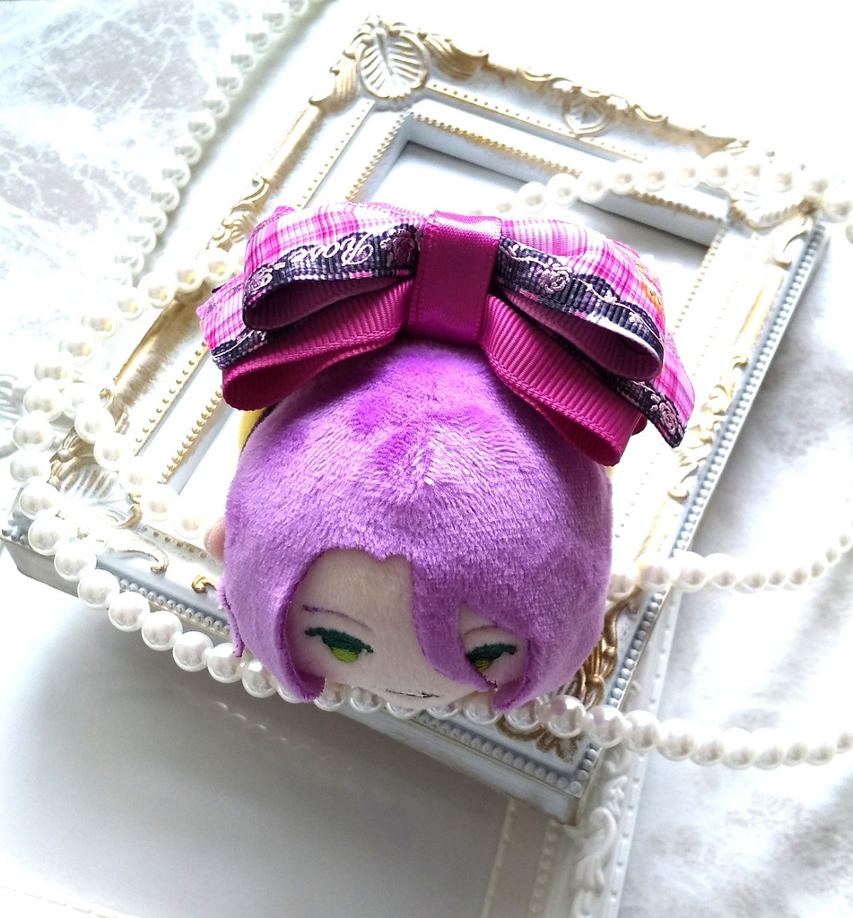 ラメ猫柄のピンクリボン【もちマス・ねんどろいど・ぬい 小物】