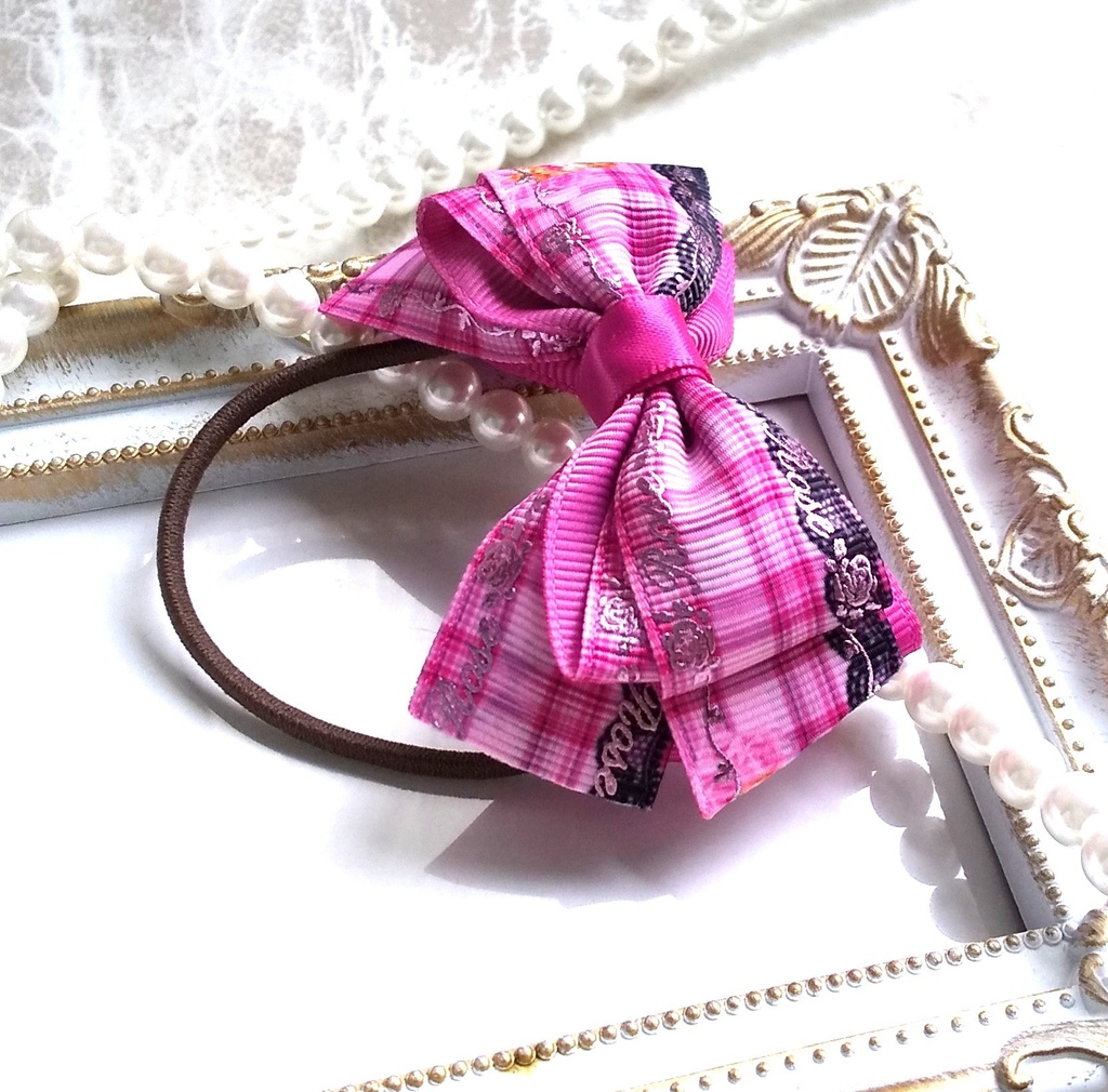 ラメ猫柄のピンクリボン【もちマス・ねんどろいど・ぬい 小物】