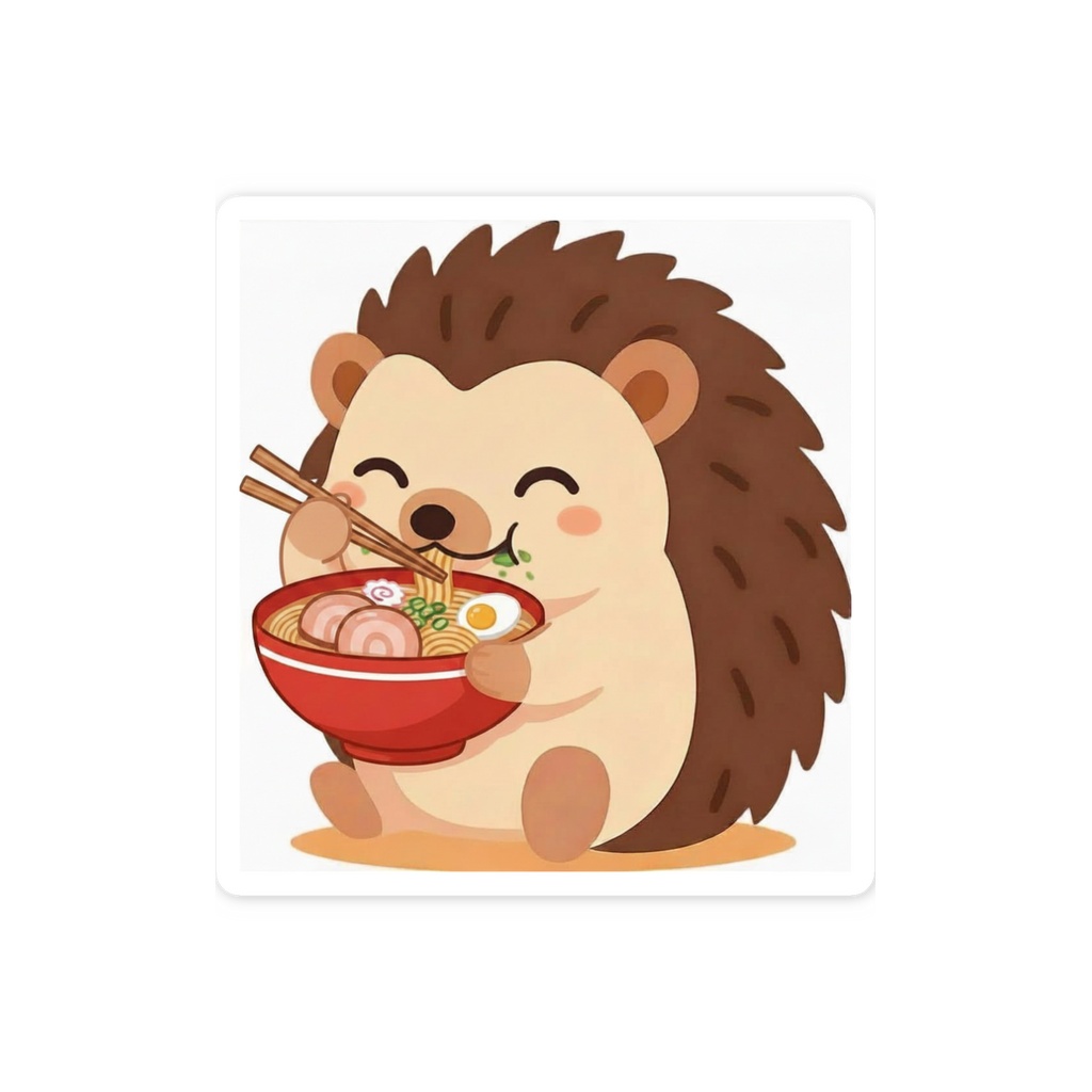 ラーメンをたべるハリネズミ ステッカー|もぐもふ