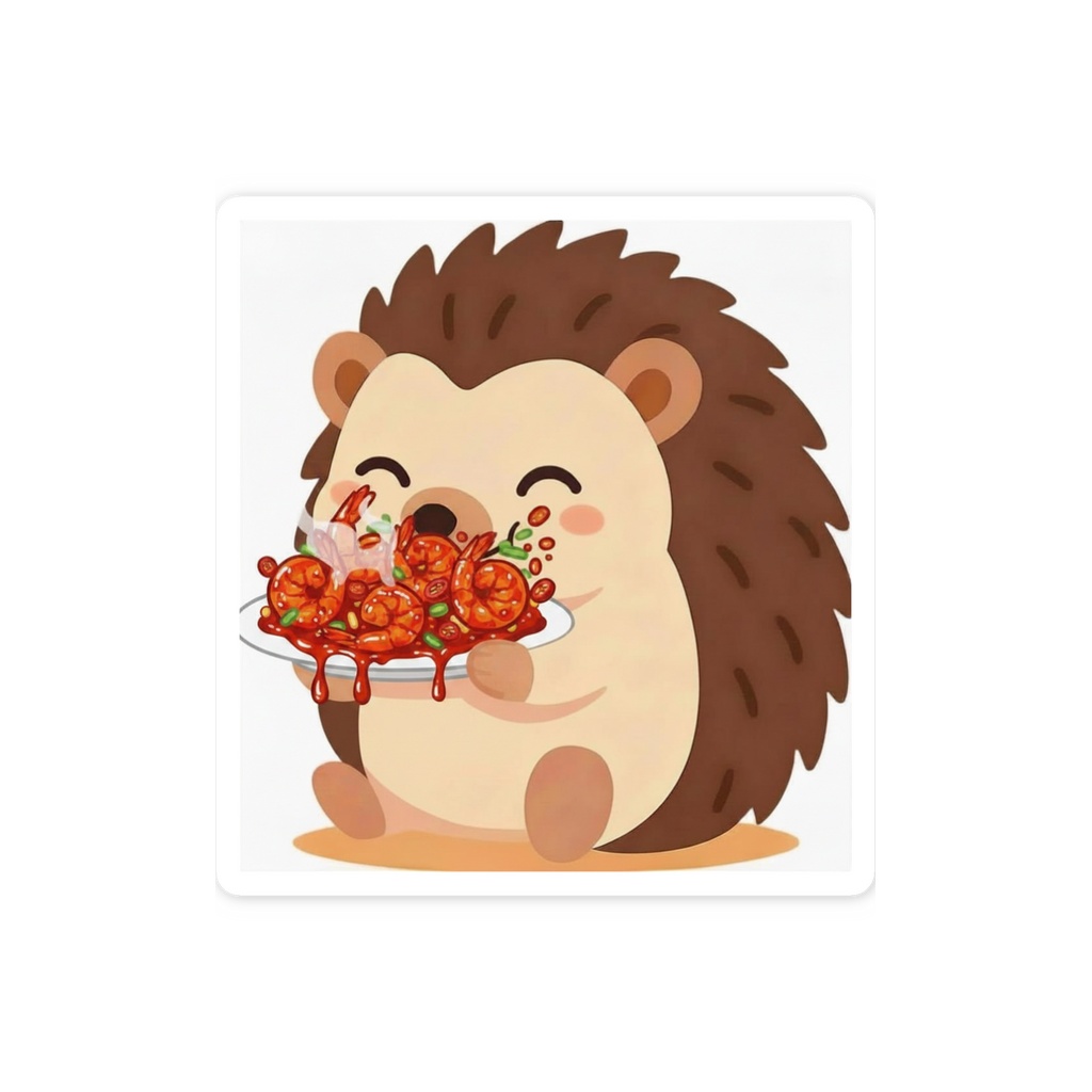 エビチリをたべるハリネズミ ステッカー|もぐもふ