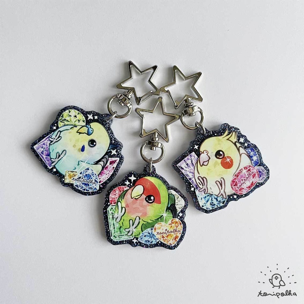 キラキラ宝石インコキーホルダー