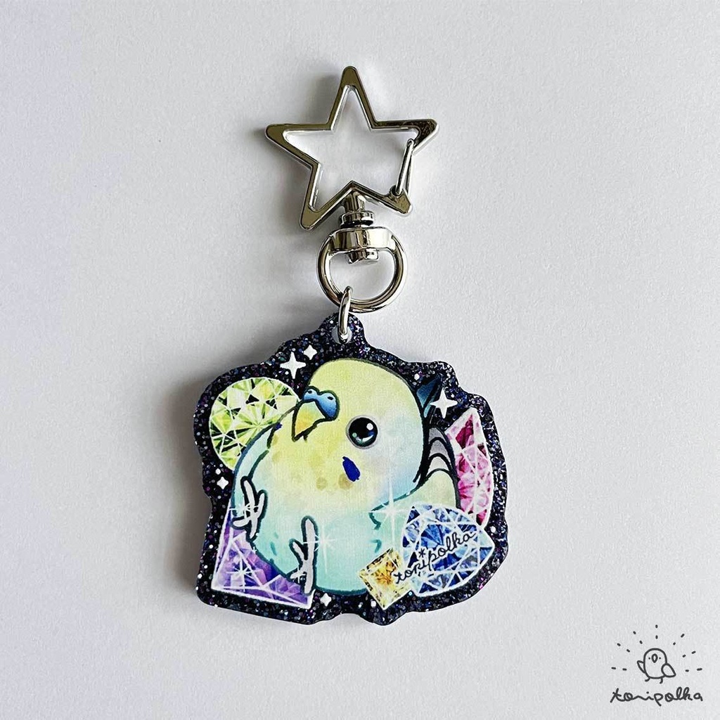 キラキラ宝石インコキーホルダー