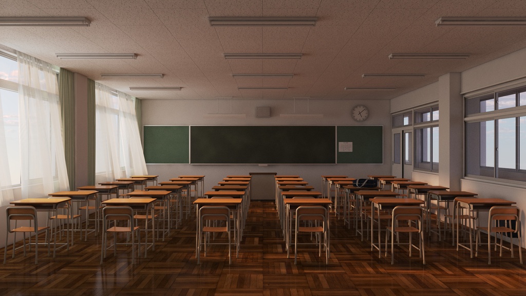 【3D背景素材】夕暮れの学校の教室(3ds Max / V-Ray / FBX / OBJ)