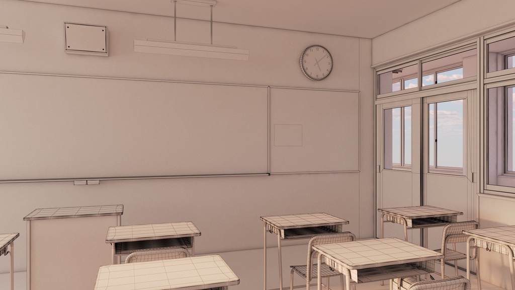 【3D背景素材】夕暮れの学校の教室(3ds Max / V-Ray / FBX / OBJ)