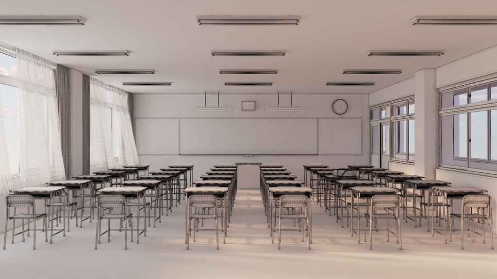 【3D背景素材】夕暮れの学校の教室(3ds Max / V-Ray / FBX / OBJ)