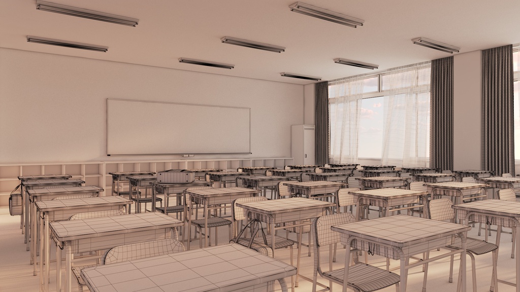 【3D背景素材】夕暮れの学校の教室(3ds Max / V-Ray / FBX / OBJ)
