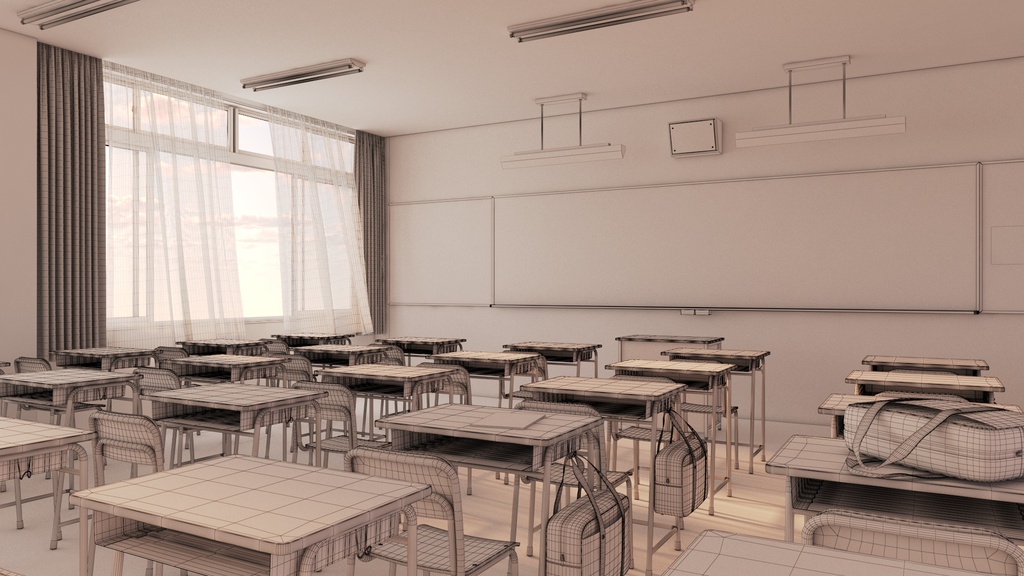 【3D背景素材】夕暮れの学校の教室(3ds Max / V-Ray / FBX / OBJ)