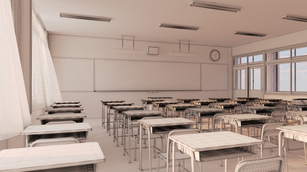 【3D背景素材】夕暮れの学校の教室(3ds Max / V-Ray / FBX / OBJ)