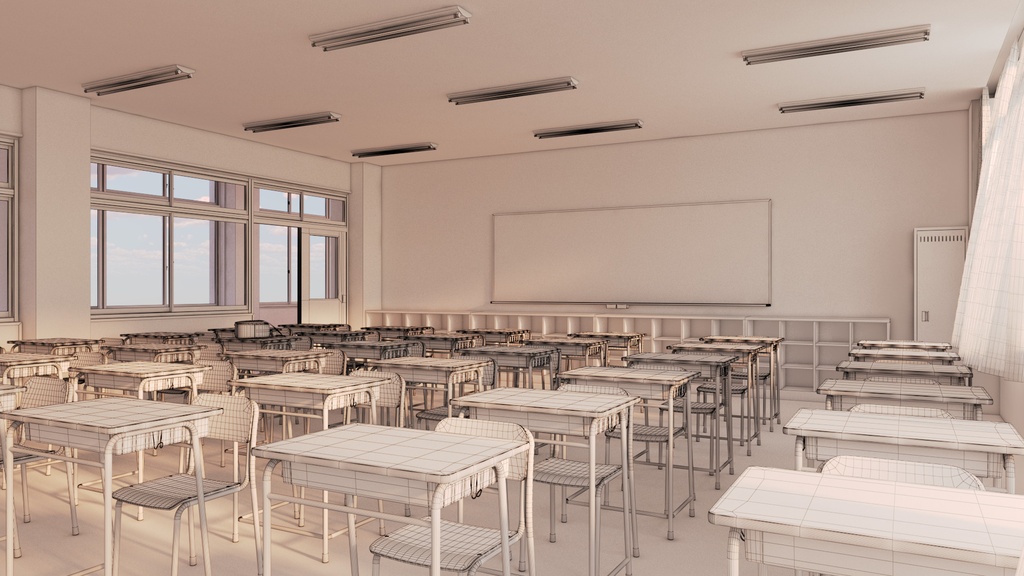 【3D背景素材】夕暮れの学校の教室(3ds Max / V-Ray / FBX / OBJ)