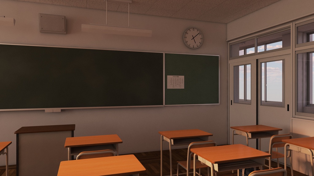【3D背景素材】夕暮れの学校の教室(3ds Max / V-Ray / FBX / OBJ)