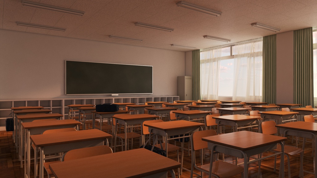 【3D背景素材】夕暮れの学校の教室(3ds Max / V-Ray / FBX / OBJ)
