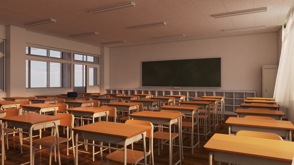 【3D背景素材】夕暮れの学校の教室(3ds Max / V-Ray / FBX / OBJ)