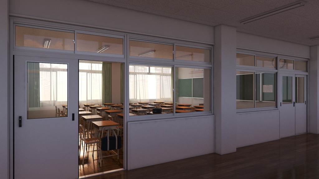 【3D背景素材】夕暮れの学校の教室(3ds Max / V-Ray / FBX / OBJ)