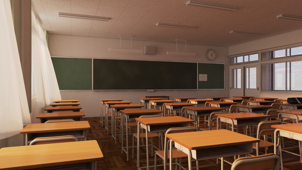 【3D背景素材】夕暮れの学校の教室(3ds Max / V-Ray / FBX / OBJ)