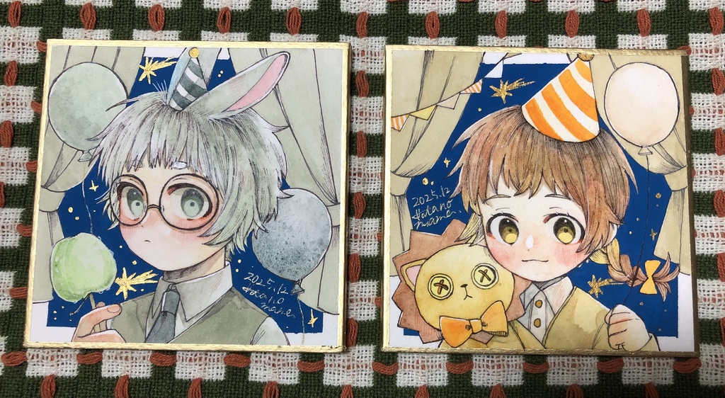 【原画】まめ色紙(青りんご/子ライオン)