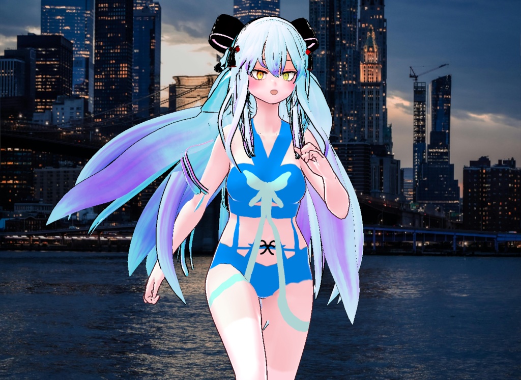 VRM+VROID+의상 및 머리스타일 아이템 / 수영복 리본 머리 소녀 ( 머리색상 2가지 버전 )