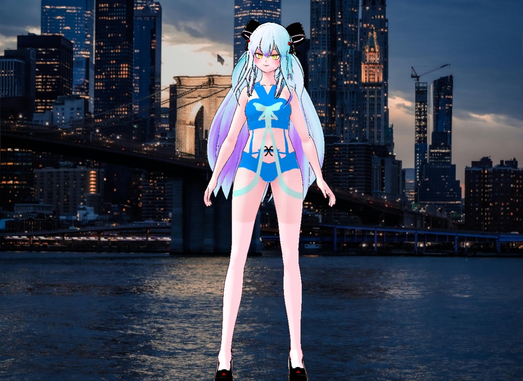 VRM+VROID+의상 및 머리스타일 아이템 / 수영복 리본 머리 소녀 ( 머리색상 2가지 버전 )