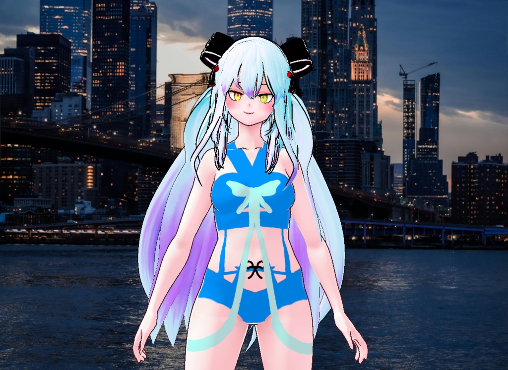 VRM+VROID+의상 및 머리스타일 아이템 / 수영복 리본 머리 소녀 ( 머리색상 2가지 버전 )