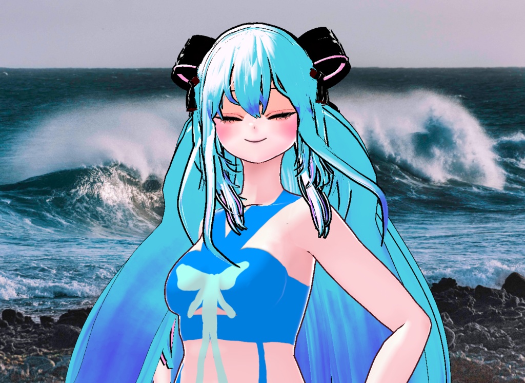 VRM+VROID+의상 및 머리스타일 아이템 / 수영복 리본 머리 소녀 ( 머리색상 2가지 버전 )