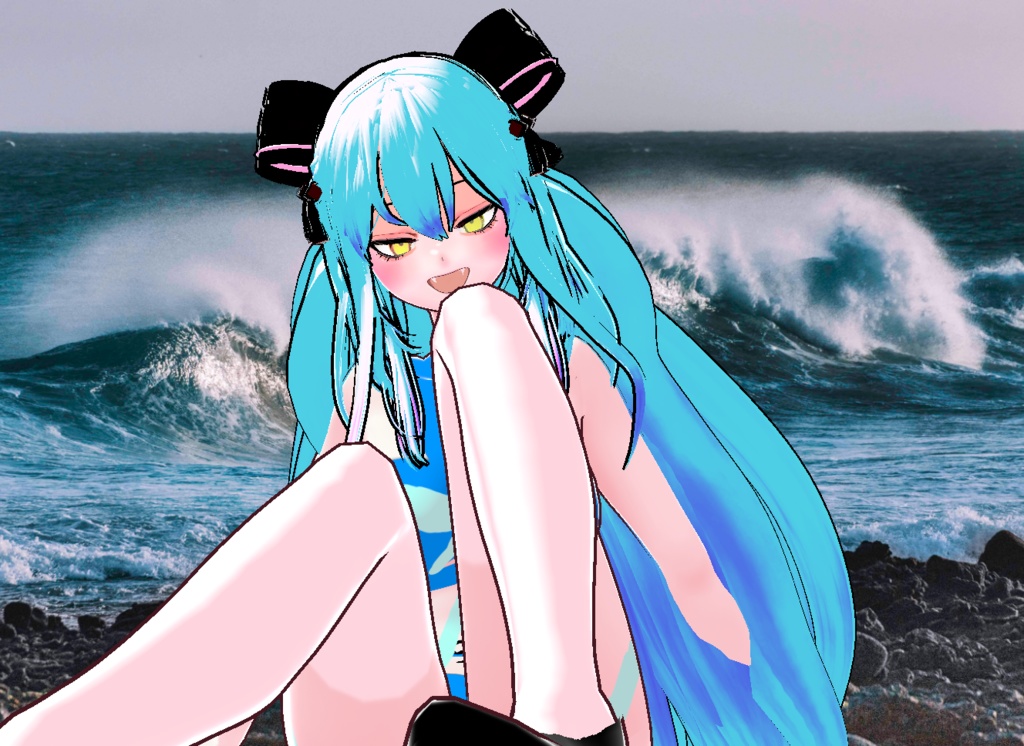 VRM+VROID+의상 및 머리스타일 아이템 / 수영복 리본 머리 소녀 ( 머리색상 2가지 버전 )