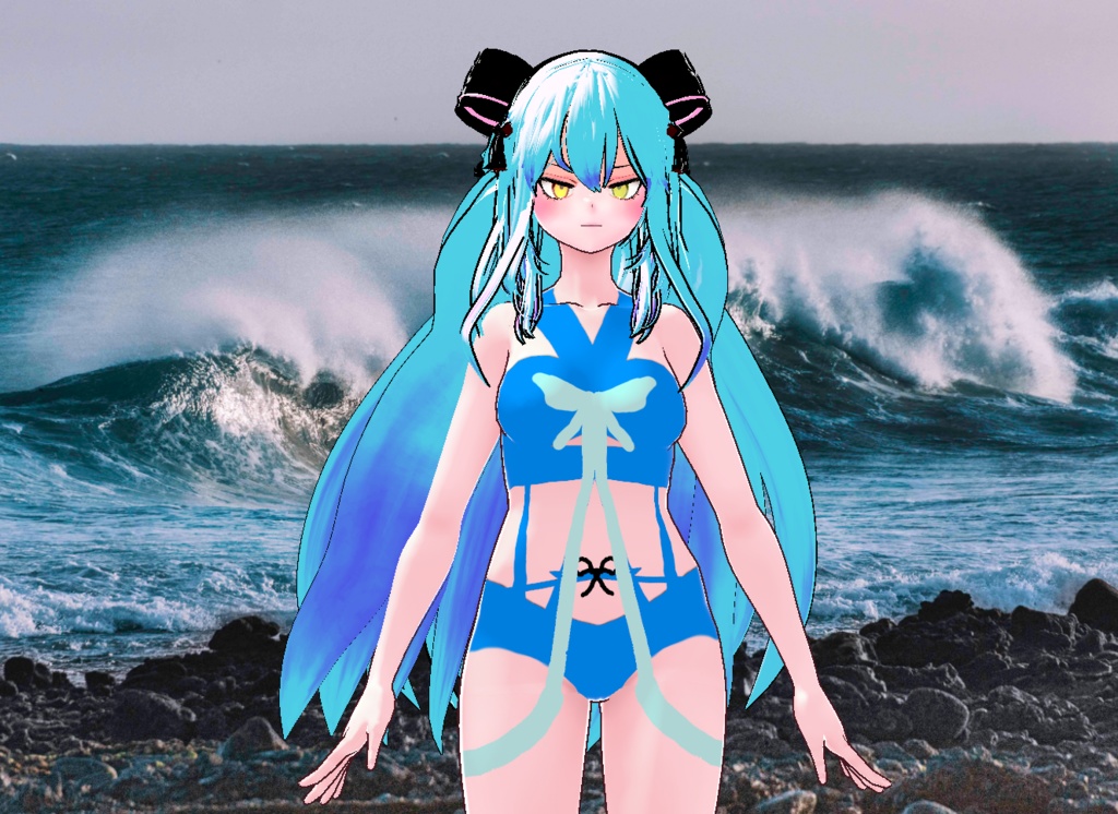 VRM+VROID+의상 및 머리스타일 아이템 / 수영복 리본 머리 소녀 ( 머리색상 2가지 버전 )