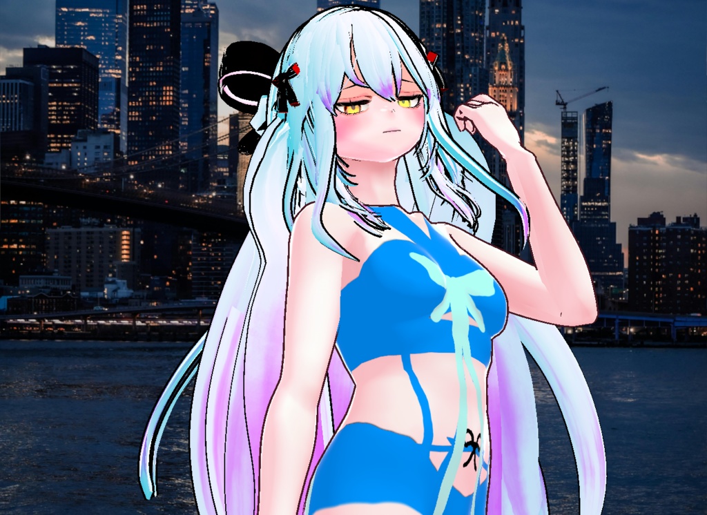 VRM+VROID+의상 및 머리스타일 아이템 / 수영복 리본 머리 소녀 ( 머리색상 2가지 버전 )