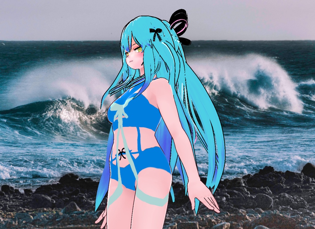 VRM+VROID+의상 및 머리스타일 아이템 / 수영복 리본 머리 소녀 ( 머리색상 2가지 버전 )