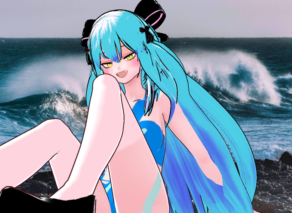 VRM+VROID+의상 및 머리스타일 아이템 / 수영복 리본 머리 소녀 ( 머리색상 2가지 버전 )