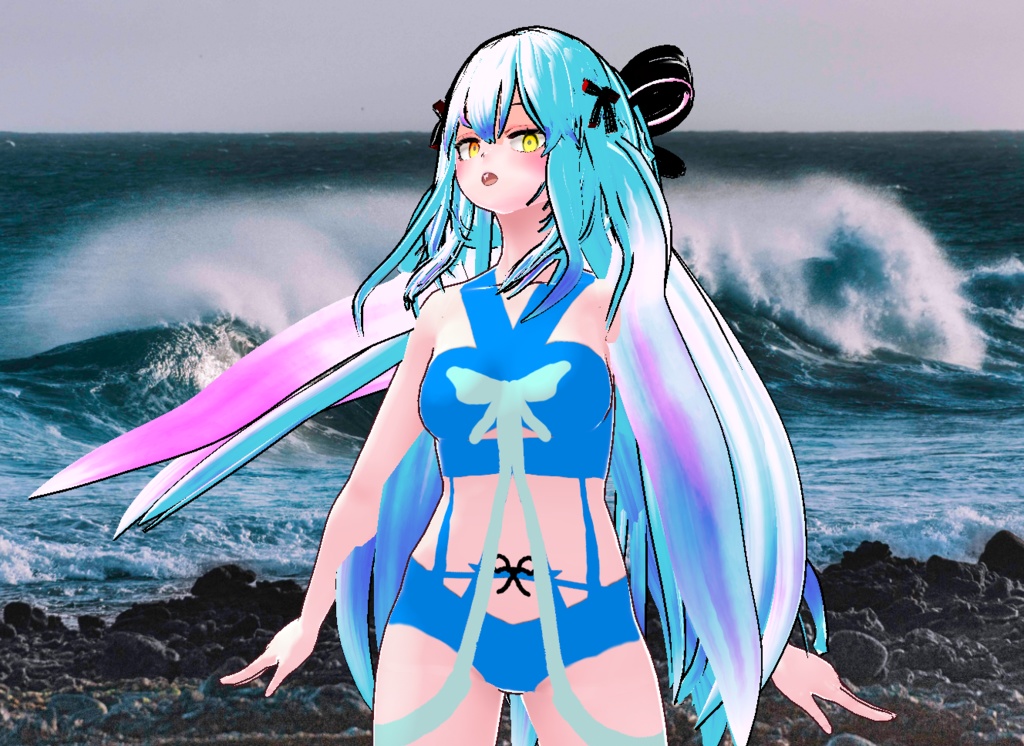 VRM+VROID+의상 및 머리스타일 아이템 / 수영복 리본 머리 소녀 ( 머리색상 2가지 버전 )