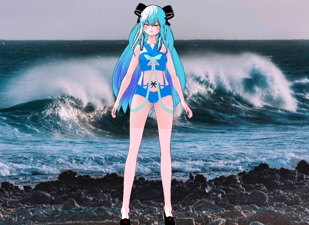 VRM+VROID+의상 및 머리스타일 아이템 / 수영복 리본 머리 소녀 ( 머리색상 2가지 버전 )