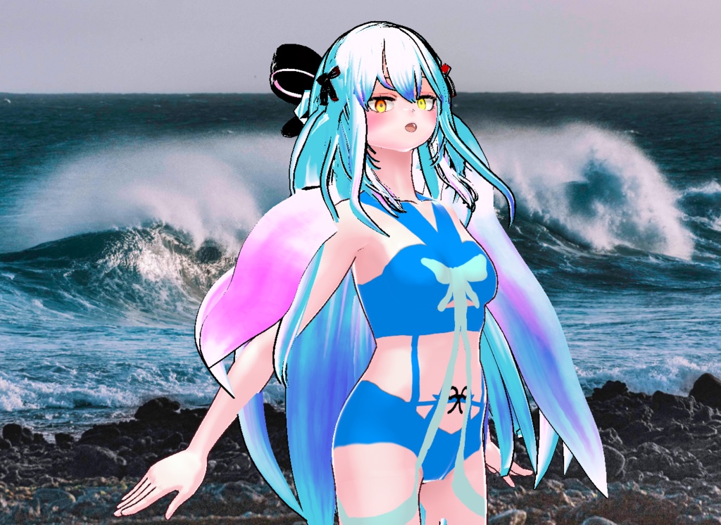 VRM+VROID+의상 및 머리스타일 아이템 / 수영복 리본 머리 소녀 ( 머리색상 2가지 버전 )