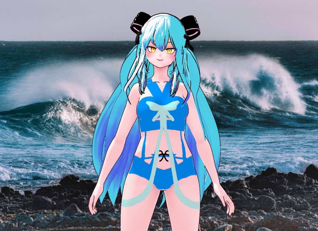 VRM+VROID+의상 및 머리스타일 아이템 / 수영복 리본 머리 소녀 ( 머리색상 2가지 버전 )