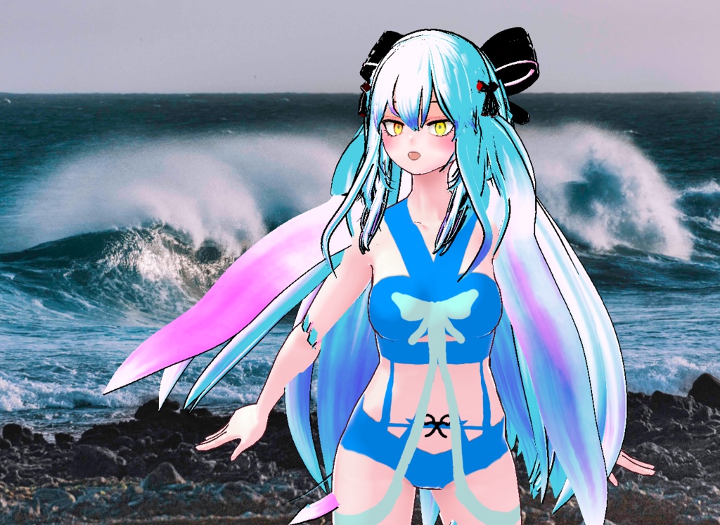 VRM+VROID+의상 및 머리스타일 아이템 / 수영복 리본 머리 소녀 ( 머리색상 2가지 버전 )