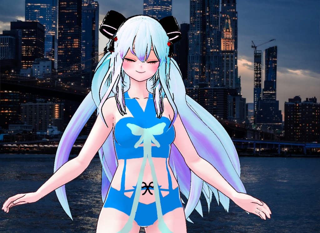 VRM+VROID+의상 및 머리스타일 아이템 / 수영복 리본 머리 소녀 ( 머리색상 2가지 버전 )